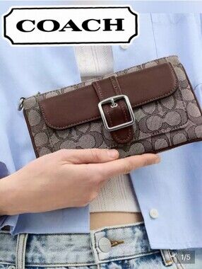 COACH Signature Jacquard Wristlet In Silver/Oak/Maple, Buckle Front, Brand New!